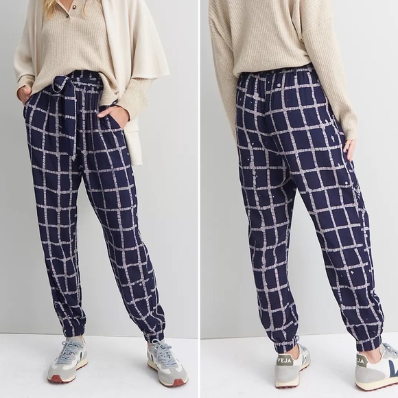 Anthropologie The Odells Gretchen Paperbag Jogger Plaid  Blue/White  XS NO BELT - Picture 2 of 9